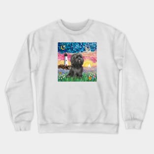 Black Shih Tzu at the Shore with a Lighthouse & a Seagull Crewneck Sweatshirt